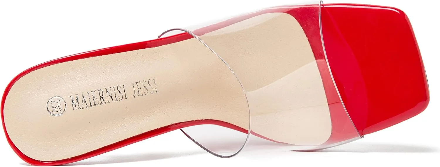 MAIERNISI JESSI Women's Clear Heels Sandals Square Toe High Stiletto Mules Slip on Wedding Dress Heel