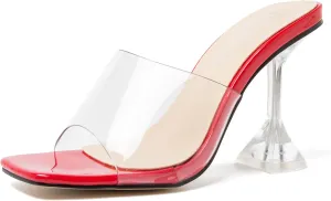 MAIERNISI JESSI Women's Clear Heels Sandals Square Toe High Stiletto Mules Slip on Wedding Dress Heel
