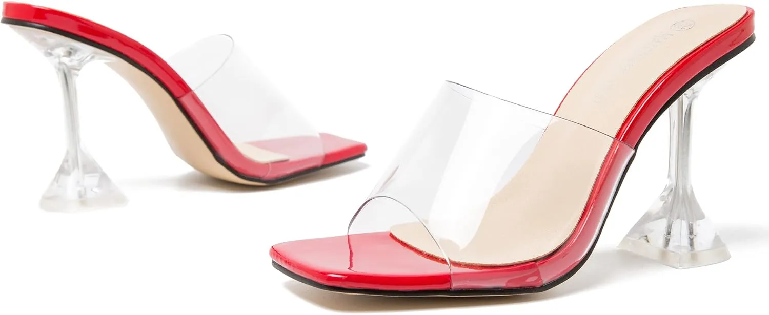 MAIERNISI JESSI Women's Clear Heels Sandals Square Toe High Stiletto Mules Slip on Wedding Dress Heel