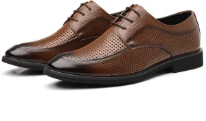 Men's Classic Hollow Breathable Leather Dress Lace-up Oxford Shoes Retro Pointed Toe Low Top Business Office Formal Derby Shoes