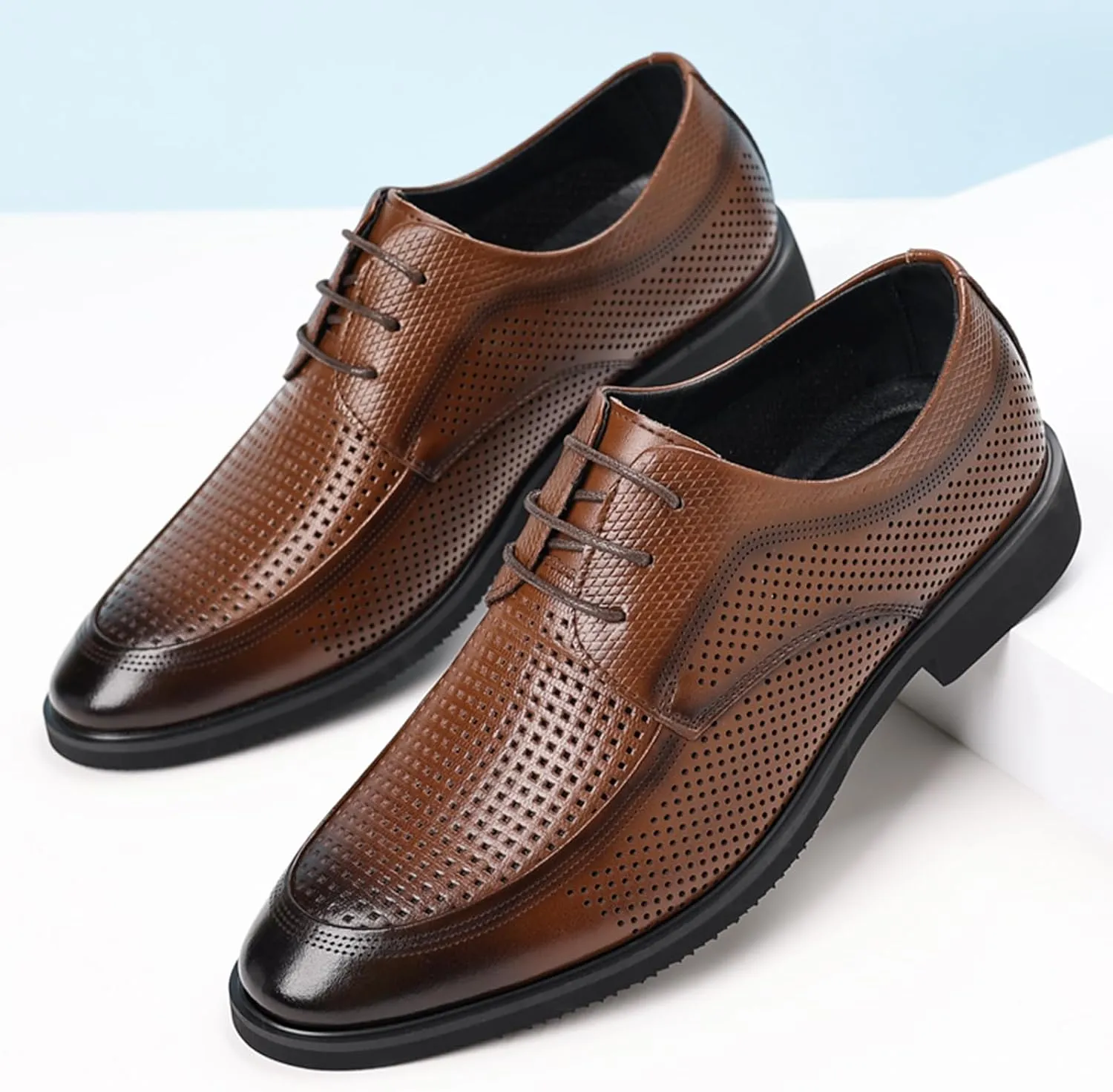 Men's Classic Hollow Breathable Leather Dress Lace-up Oxford Shoes Retro Pointed Toe Low Top Business Office Formal Derby Shoes