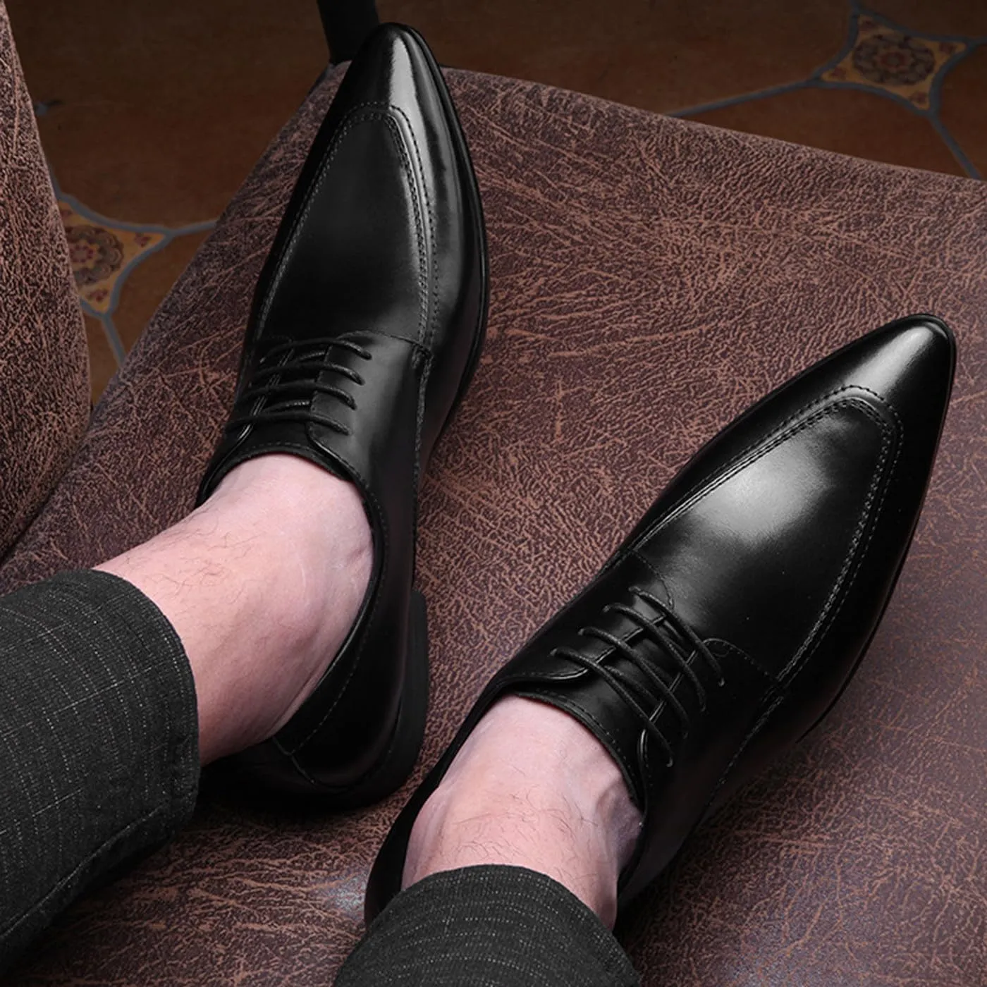 Men's Classic Oxfords Dress Shoes - Handmade Genuine Cowhide Leather, Non-Slip Rubber Sole, Pointed Toe Derby Shoes for Wedding, Business & Casual Wear