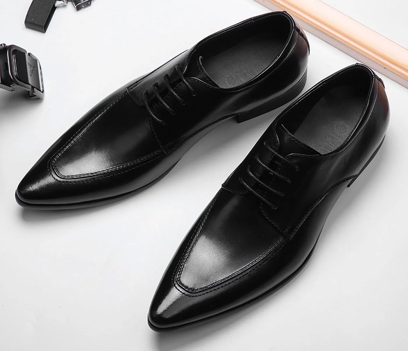 Men's Classic Oxfords Dress Shoes - Handmade Genuine Cowhide Leather, Non-Slip Rubber Sole, Pointed Toe Derby Shoes for Wedding, Business & Casual Wear