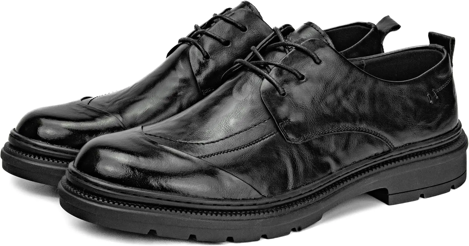 Men's Derby Dress Shoes – Wide Fit Black PU Leather Business Shoes with Non-Slip Rubber Sole – Comfortable Formal Footwear for All-Day Wear