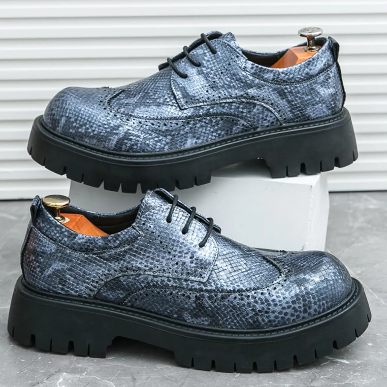 Men's Leather Platform Chunky Heel Wingtip Derby Dress Shoes Round Toe Lace-Up Non-Slip Lug Sole Comfort Heightening Oxfords for Business & Work Daily Wear