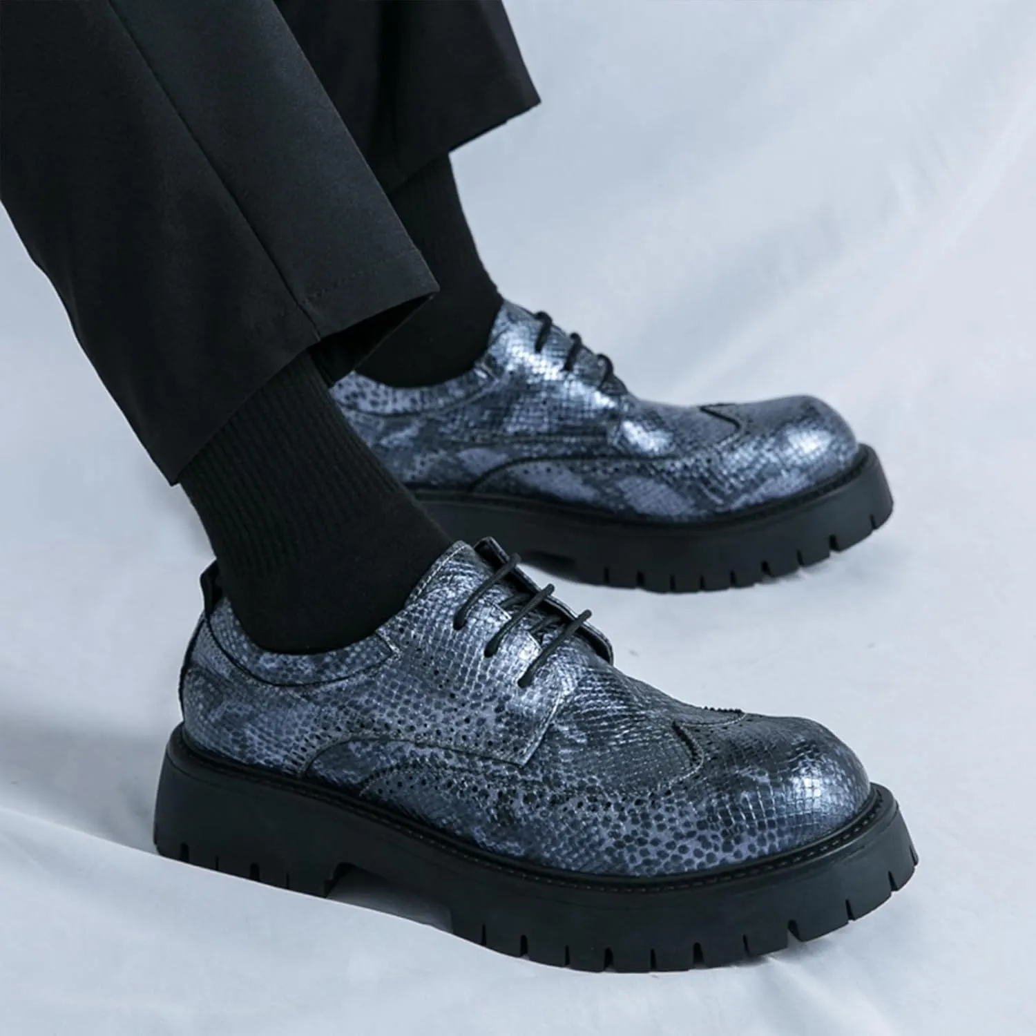 Men's Leather Platform Chunky Heel Wingtip Derby Dress Shoes Round Toe Lace-Up Non-Slip Lug Sole Comfort Heightening Oxfords for Business & Work Daily Wear