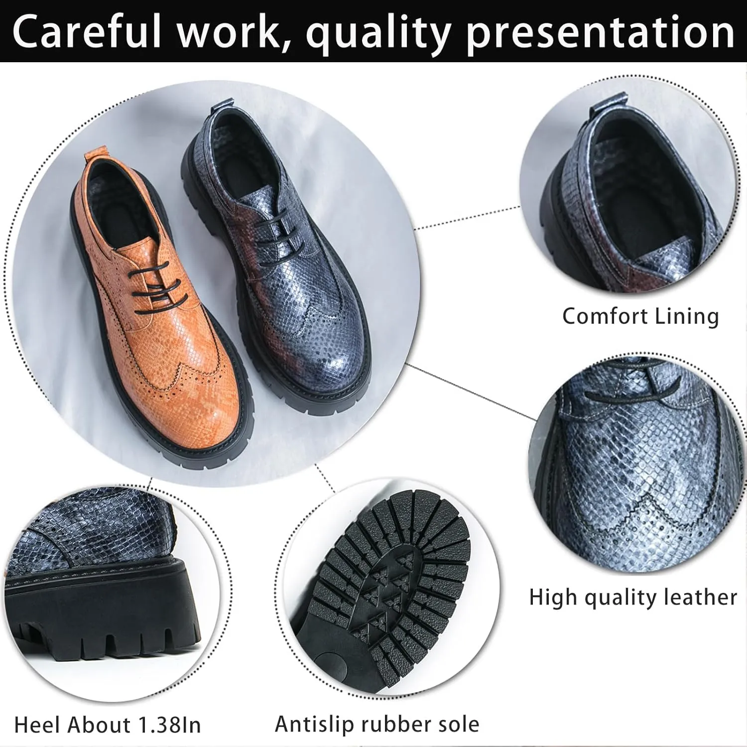 Men's Leather Platform Chunky Heel Wingtip Derby Dress Shoes Round Toe Lace-Up Non-Slip Lug Sole Comfort Heightening Oxfords for Business & Work Daily Wear
