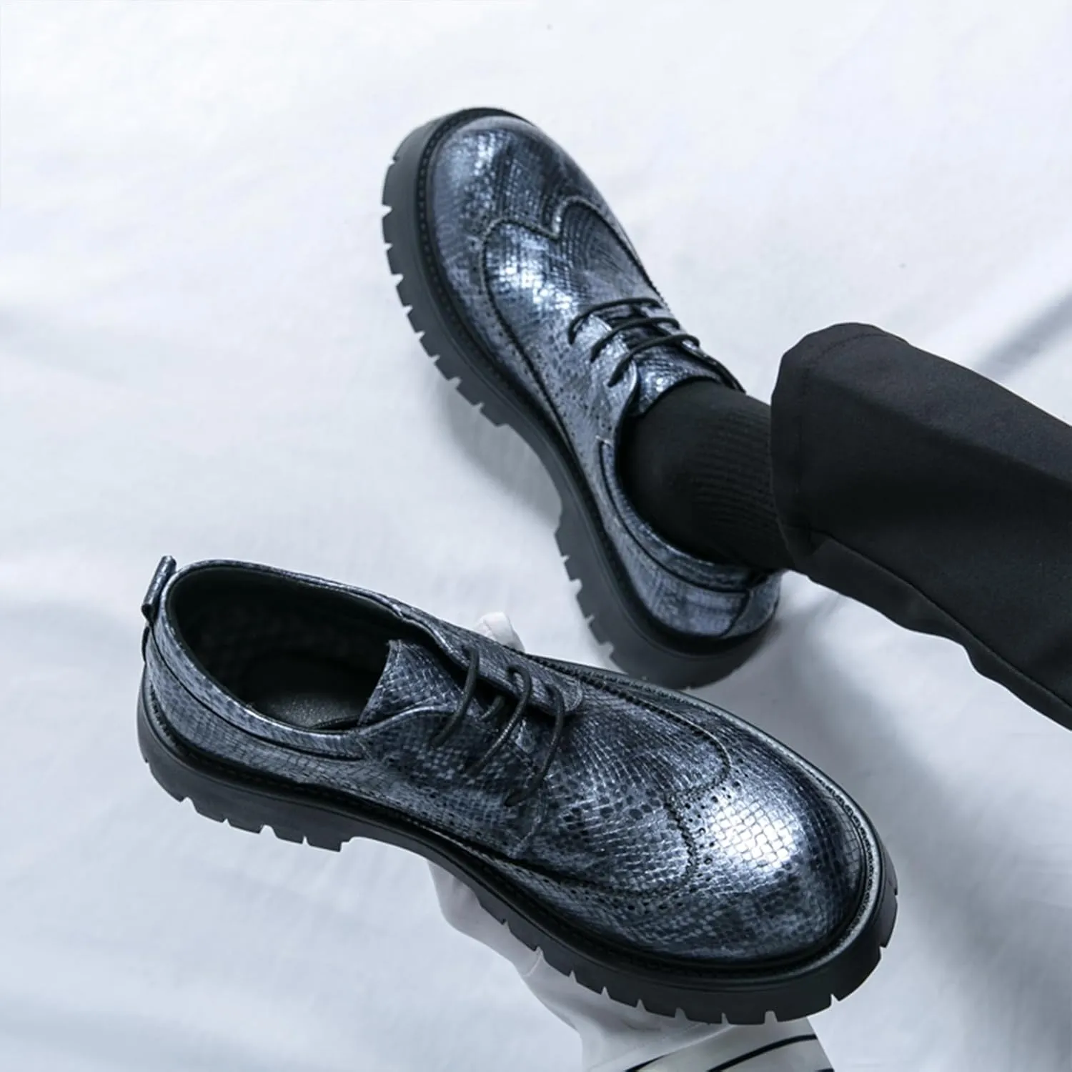 Men's Leather Platform Chunky Heel Wingtip Derby Dress Shoes Round Toe Lace-Up Non-Slip Lug Sole Comfort Heightening Oxfords for Business & Work Daily Wear