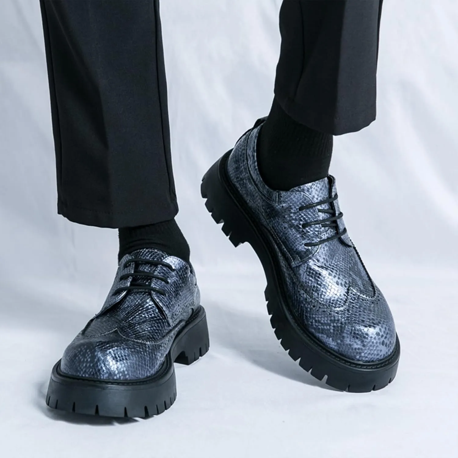 Men's Leather Platform Chunky Heel Wingtip Derby Dress Shoes Round Toe Lace-Up Non-Slip Lug Sole Comfort Heightening Oxfords for Business & Work Daily Wear