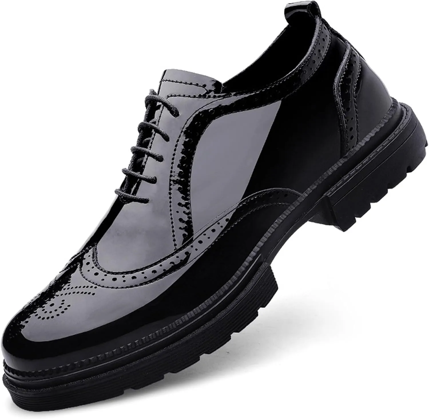 Men's Patent Leather Oxfords Wingtips Derby Shoes Men Classic Round Toe Lace Up Thick Sole Dress Breathable Handmade Formal Shoes for Business Work