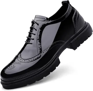 Men's Patent Leather Oxfords Wingtips Derby Shoes Men Classic Round Toe Lace Up Thick Sole Dress Breathable Handmade Formal Shoes for Business Work