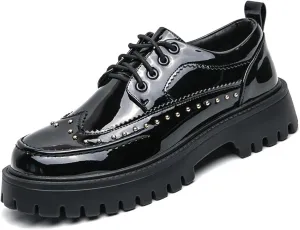 Men's Patent Leather Platform Dress Shoes Classic Round Toe Thick Lug Sole Lace Up Oxfords Comfort Block Heel Derby Business Casual Shoes