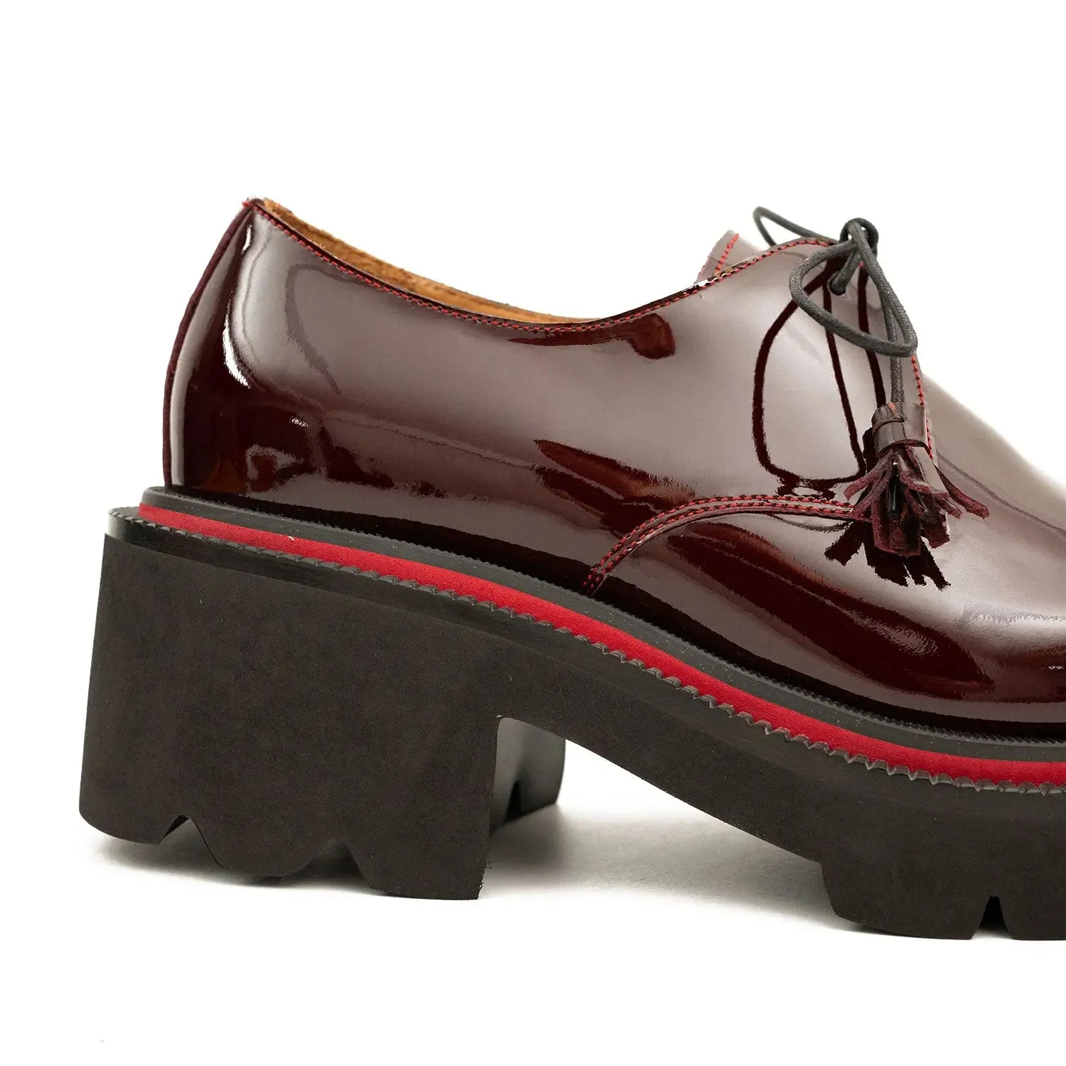 Men's Patent Leather Wine Red Derby Shoes with Chunky Sole