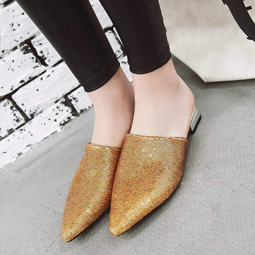 MIOKE Women's Pointed Toe Flat Mules Embroidered Floral Slip On Backless Loafer Low Heel Dress Mule Shoes