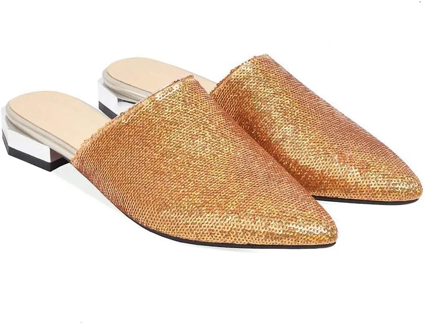 MIOKE Women's Pointed Toe Flat Mules Embroidered Floral Slip On Backless Loafer Low Heel Dress Mule Shoes