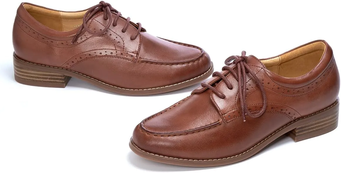 Mona flying Women's Classic Leather Derby Oxfords Round Toe Lace up Flat Office Work Shoes for Ladies