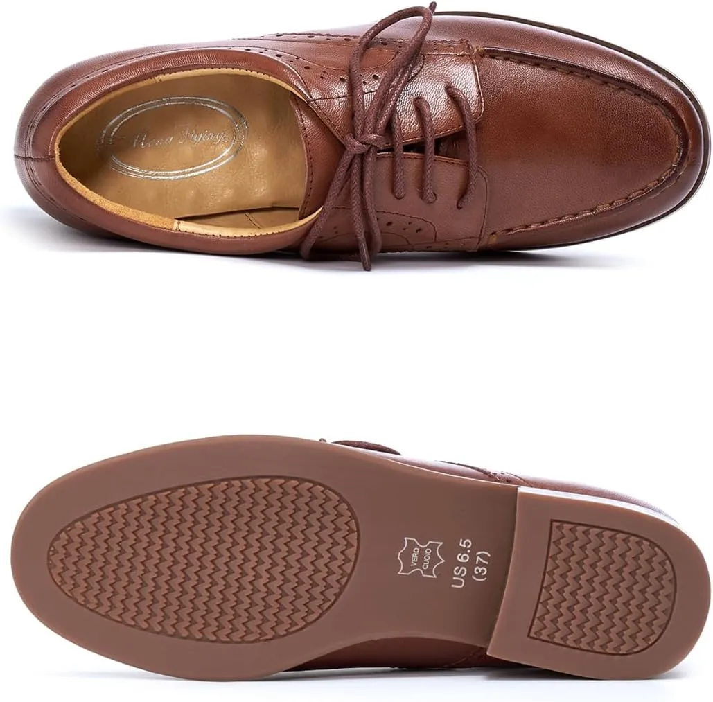 Mona flying Women's Classic Leather Derby Oxfords Round Toe Lace up Flat Office Work Shoes for Ladies