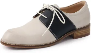 Mona flying Women's Handmade Two Tone Dress Oxfords Derby Comfy Lace up Leather Shoes for Ladies