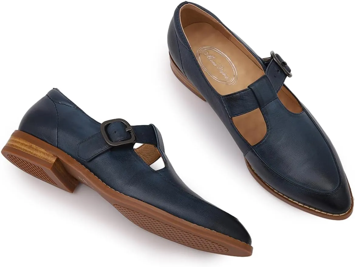 Mona flying Women's Leather Pointed Toe Mary Jane Loafer Dress Casual Flat T Strap Office Work Shoes for Ladies