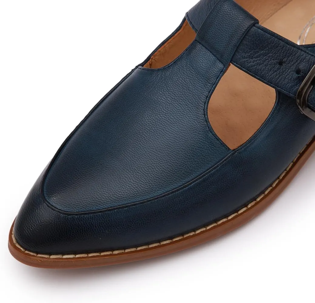 Mona flying Women's Leather Pointed Toe Mary Jane Loafer Dress Casual Flat T Strap Office Work Shoes for Ladies
