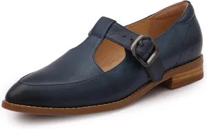 Mona flying Women's Leather Pointed Toe Mary Jane Loafer Dress Casual Flat T Strap Office Work Shoes for Ladies