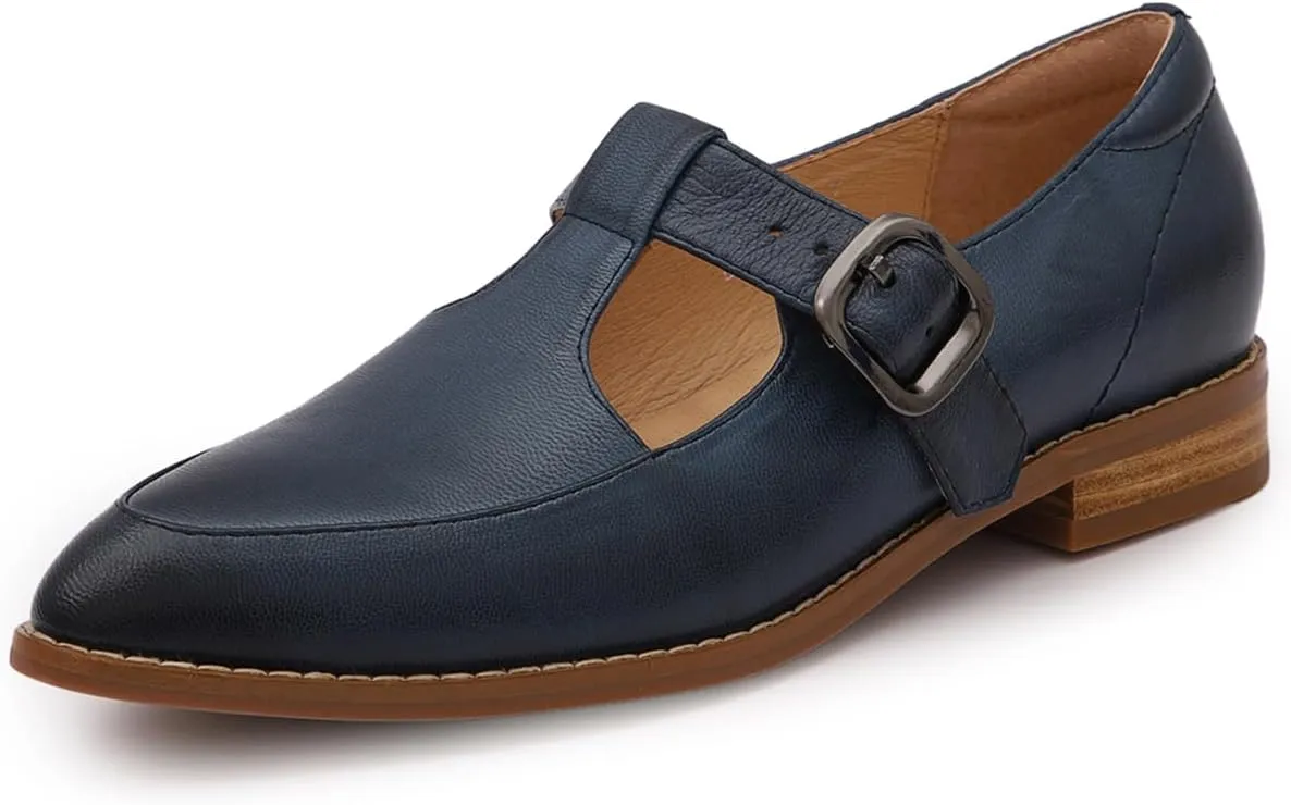 Mona flying Women's Leather Pointed Toe Mary Jane Loafer Dress Casual Flat T Strap Office Work Shoes for Ladies