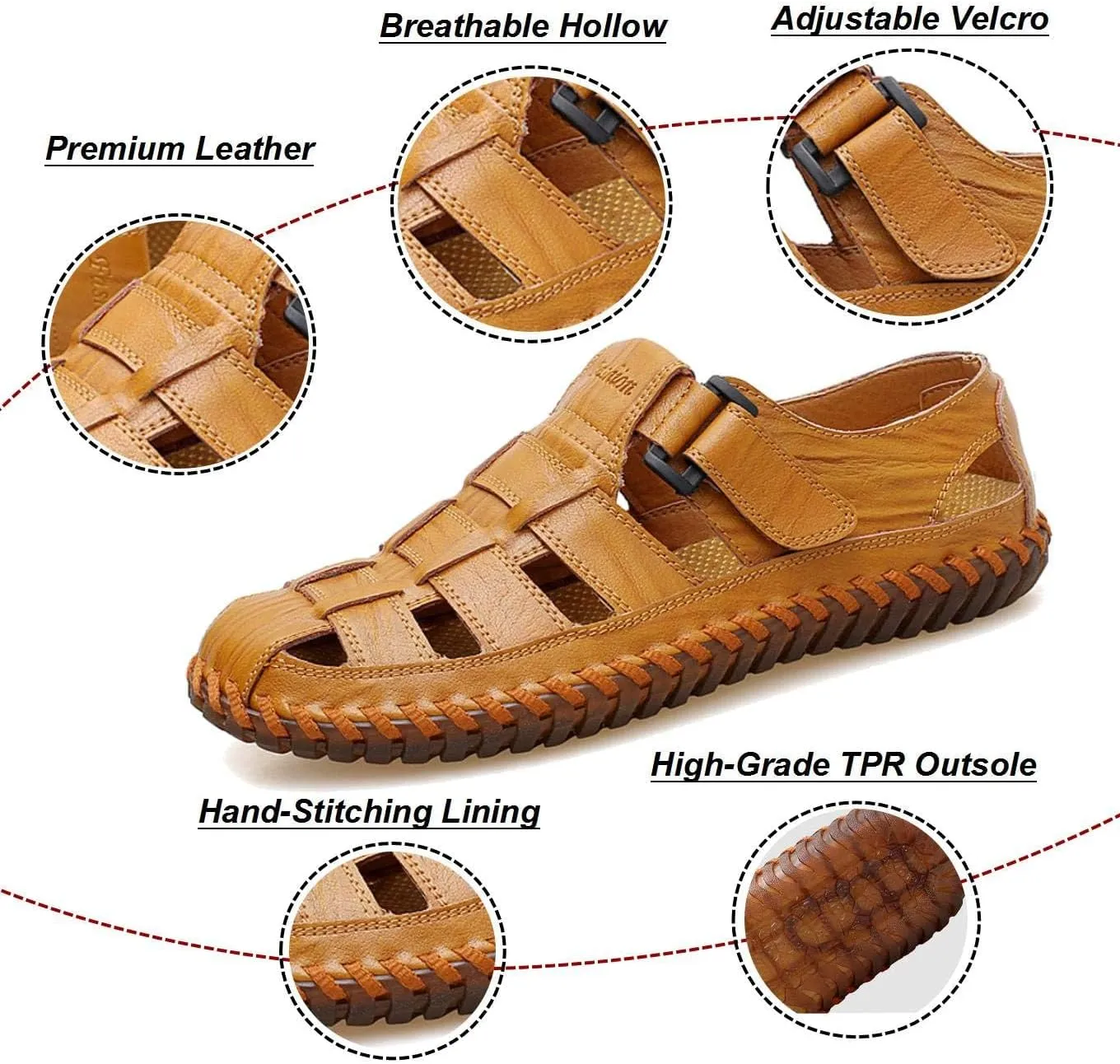 Moodeng Mens Sport Sandals Closed Toe Outdoor Fisherman Shoes Leather Summer Beach Loafters Breathable Anti-Slip