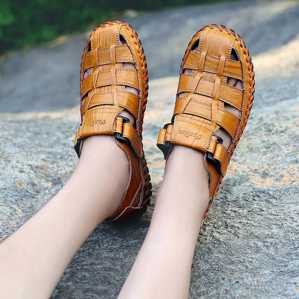 Moodeng Mens Sport Sandals Closed Toe Outdoor Fisherman Shoes Leather Summer Beach Loafters Breathable Anti-Slip