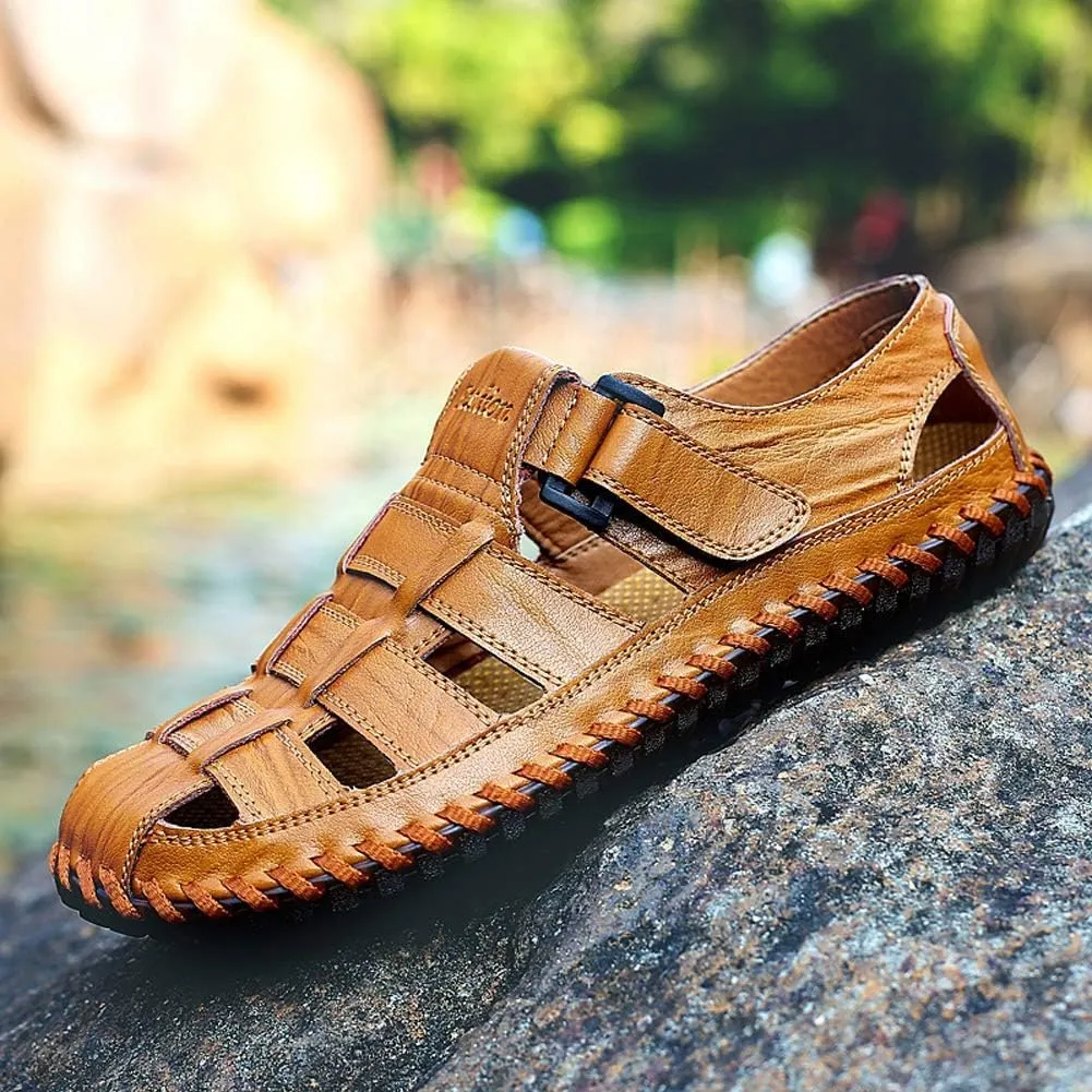 Moodeng Mens Sport Sandals Closed Toe Outdoor Fisherman Shoes Leather Summer Beach Loafters Breathable Anti-Slip