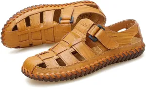Moodeng Mens Sport Sandals Closed Toe Outdoor Fisherman Shoes Leather Summer Beach Loafters Breathable Anti-Slip