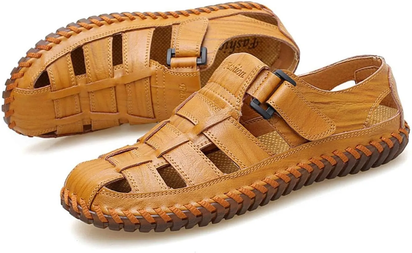 Moodeng Mens Sport Sandals Closed Toe Outdoor Fisherman Shoes Leather Summer Beach Loafters Breathable Anti-Slip