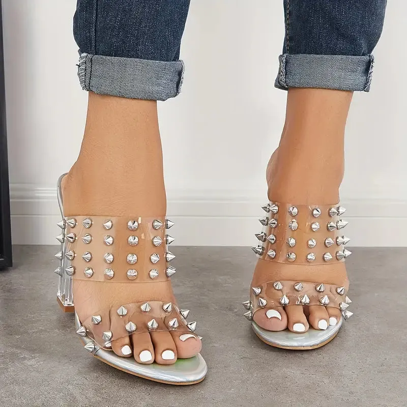 Orthopedic Women's Clear Chunky High Heels Square Studded Double Strap Sandals