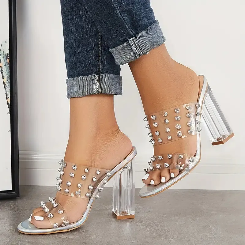 Orthopedic Women's Clear Chunky High Heels Square Studded Double Strap Sandals