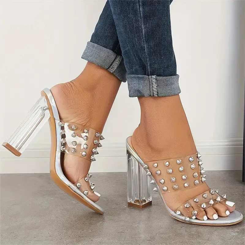 Orthopedic Women's Clear Chunky High Heels Square Studded Double Strap Sandals