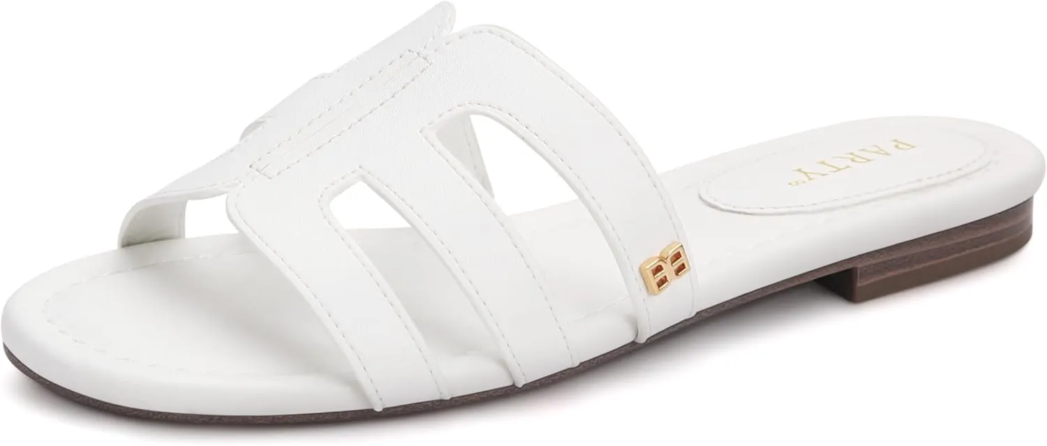 PARTY Women's Slide Sandals - Summer Open Toe H-Band Flat Sandal for Women, Slip On Casual Dressy Beach Ladies Sandal