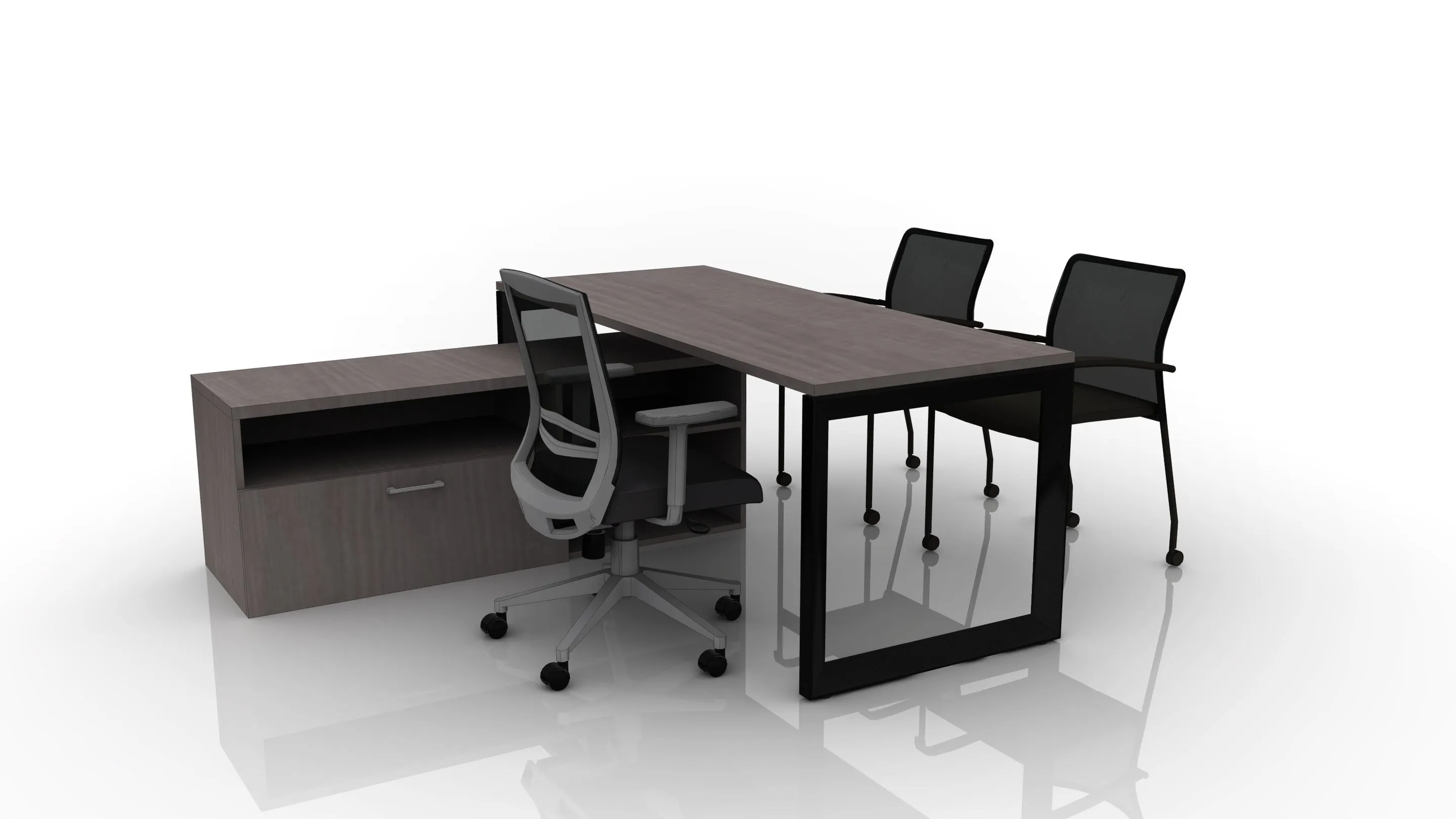 Pivit Frame 72x30 Straight Desk with Low Credenza, Derby, and Match Mobile Chairs