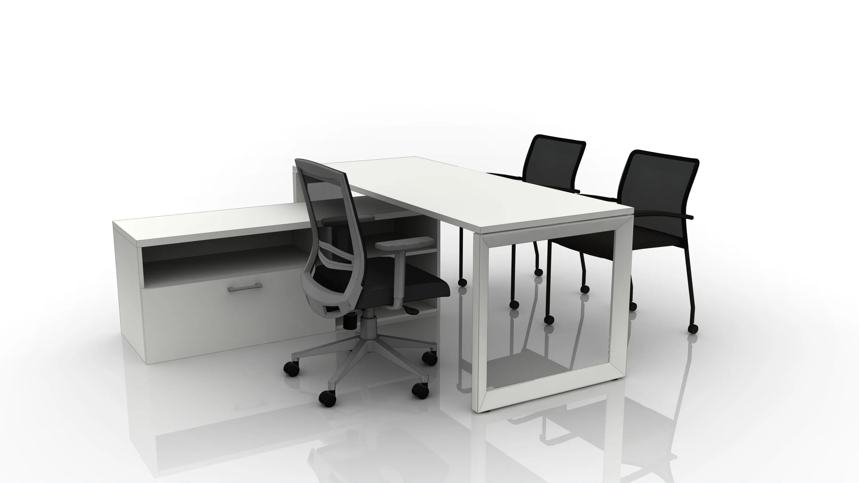 Pivit Frame 72x30 Straight Desk with Low Credenza, Derby, and Match Mobile Chairs