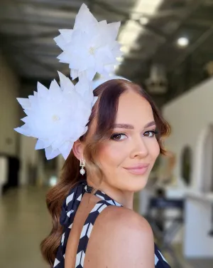 Race day crown and fascinators - fun and fancy white feather flowers on headband - Satellite at Kezani