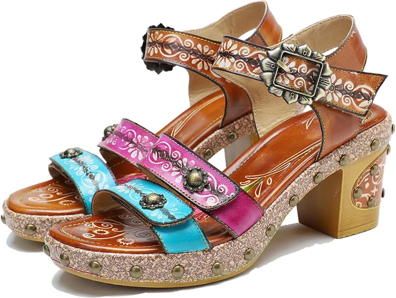 Riutiru Women's Handmade Lambskin Retro Casual Sandals for Spring and Summer, Contrast 3D Color-blocking Flower Comfortable High-heeled Sandals for Women