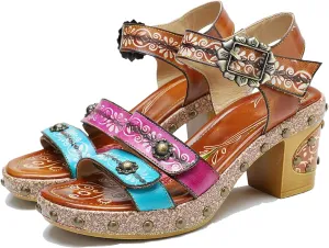 Riutiru Women's Handmade Lambskin Retro Casual Sandals for Spring and Summer, Contrast 3D Color-blocking Flower Comfortable High-heeled Sandals for Women