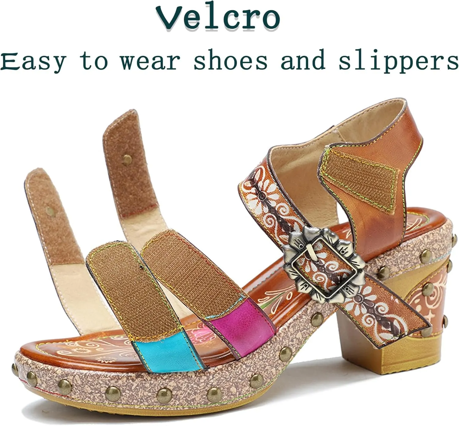Riutiru Women's Handmade Lambskin Retro Casual Sandals for Spring and Summer, Contrast 3D Color-blocking Flower Comfortable High-heeled Sandals for Women