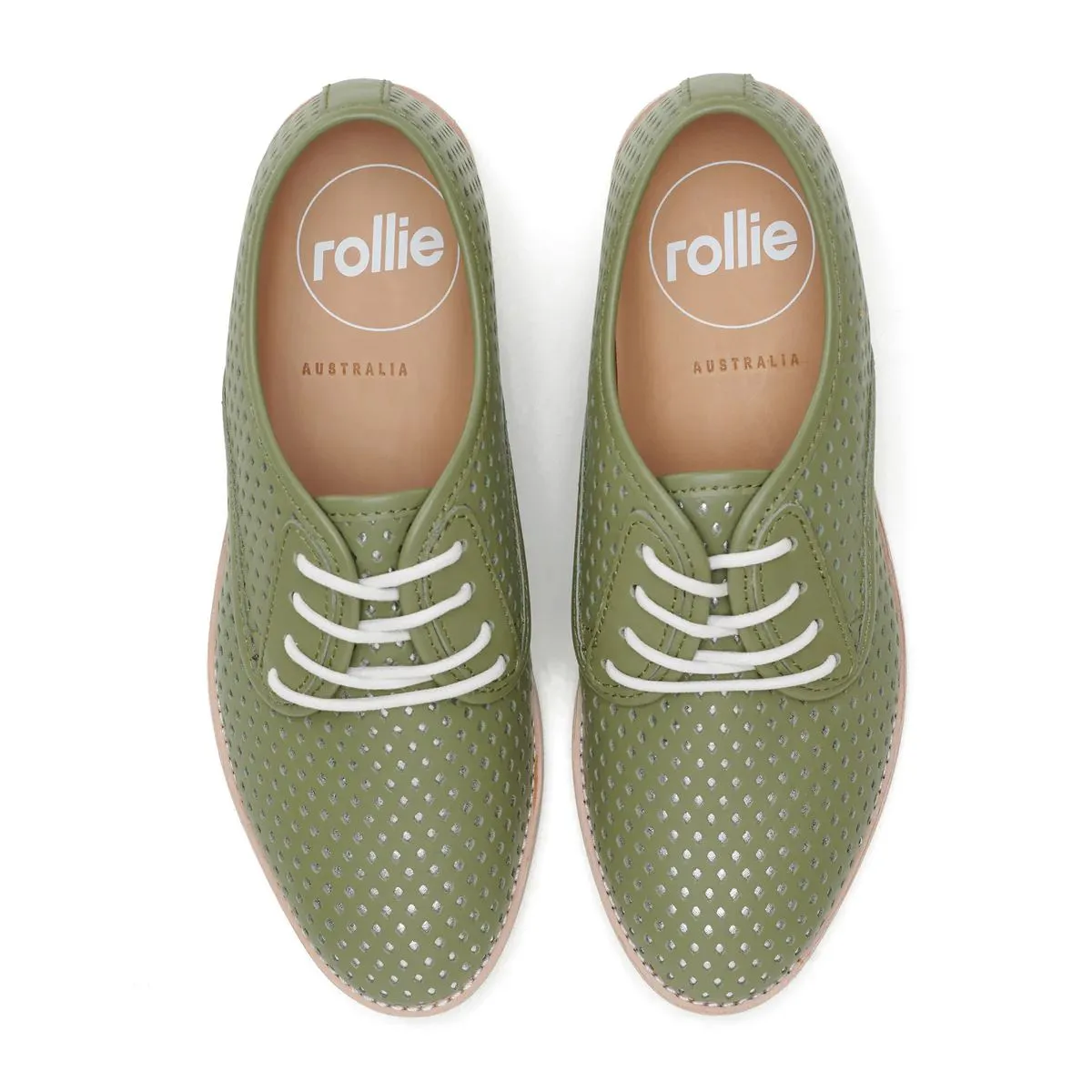 ROLLIE Derby Punch Overlay Shoe - Olive Silver