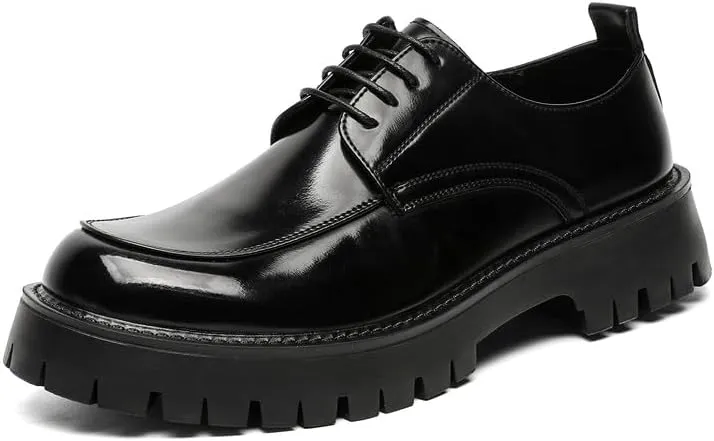Santimon Men's Leather Lace Up Platform Oxfords Moc Toe Chunky Lug Sole Added Height Casual Derby Shoes Classic Work Office Business Dress Shoes