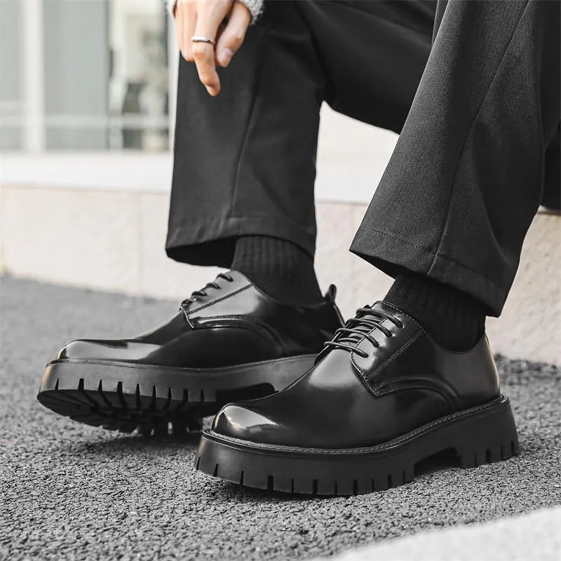 Santimon Men's Leather Lace Up Platform Oxfords Round Toe Chunky Lug Sole Added Height Casual Derby Shoes Classic Work Office Business Dress Shoes