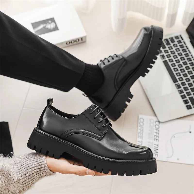 Santimon Men's Leather Lace Up Platform Oxfords Round Toe Chunky Lug Sole Added Height Casual Derby Shoes Classic Work Office Business Dress Shoes
