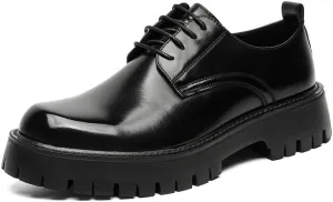Santimon Men's Leather Lace Up Platform Oxfords Round Toe Chunky Lug Sole Added Height Casual Derby Shoes Classic Work Office Business Dress Shoes