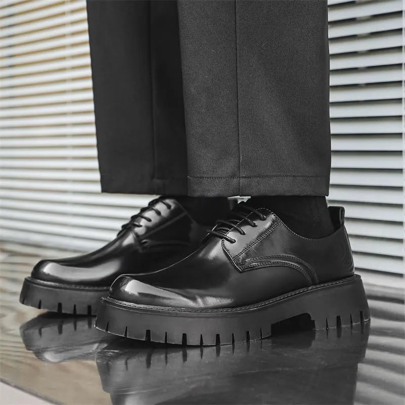 Santimon Men's Leather Lace Up Platform Oxfords Round Toe Chunky Lug Sole Added Height Casual Derby Shoes Classic Work Office Business Dress Shoes