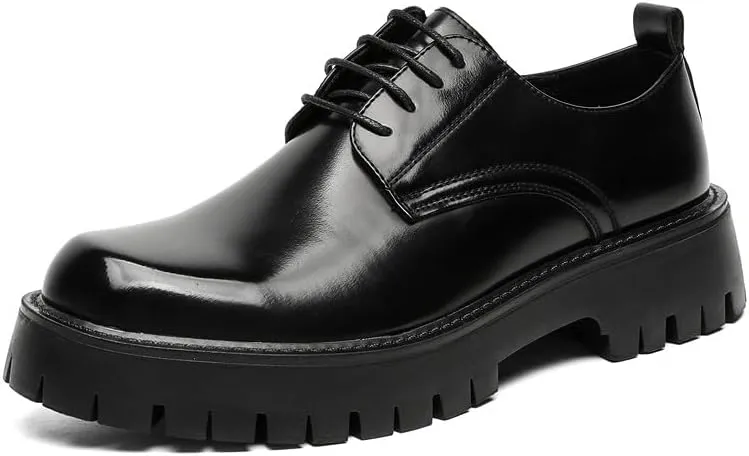 Santimon Men's Leather Lace Up Platform Oxfords Round Toe Chunky Lug Sole Added Height Casual Derby Shoes Classic Work Office Business Dress Shoes