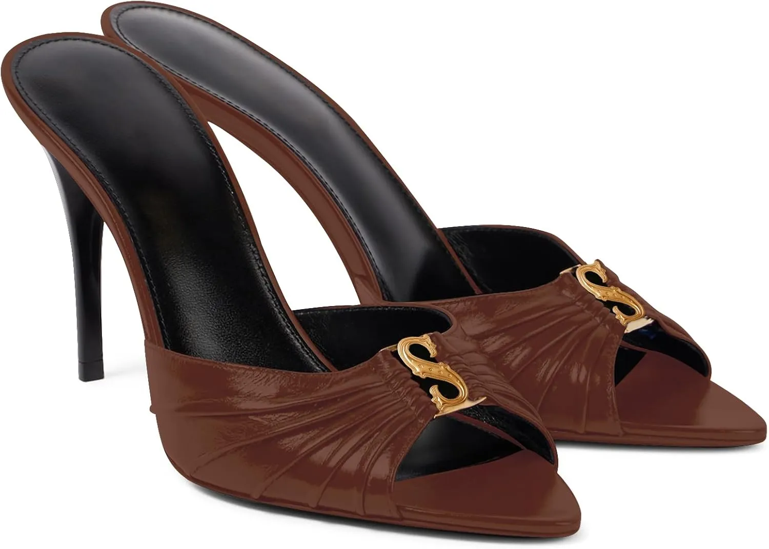 SIFINELAR WOMEN Stiletto Mules High Heels with Pointed Peep Toe Heeled Sandals vamp decorate fashion logo