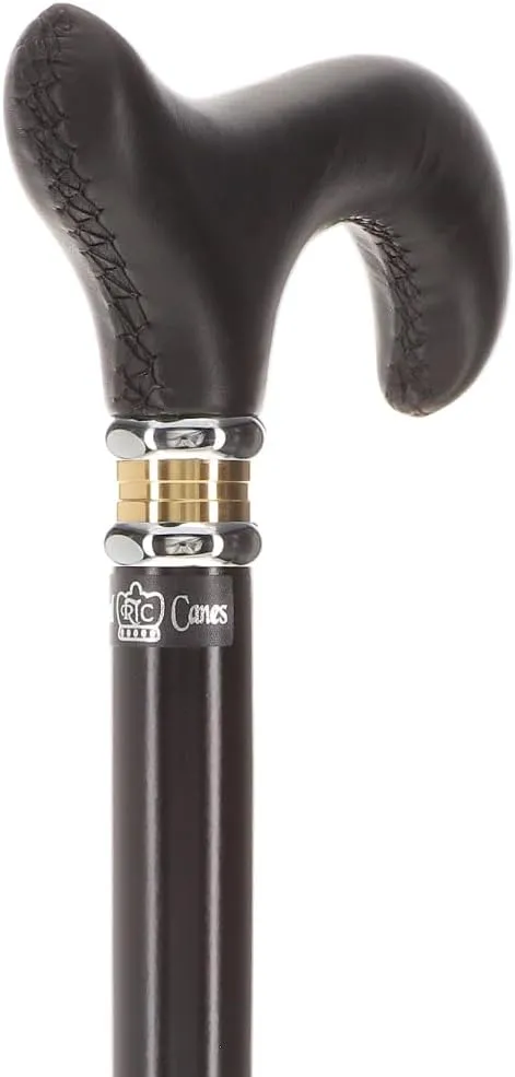 Soft Derby Handle Walking Cane – Genuine Leather Grip, Leather-Wrapped & Unique Wood Shaft, Two-Tone Collar – Stylish Gift for Men & Women